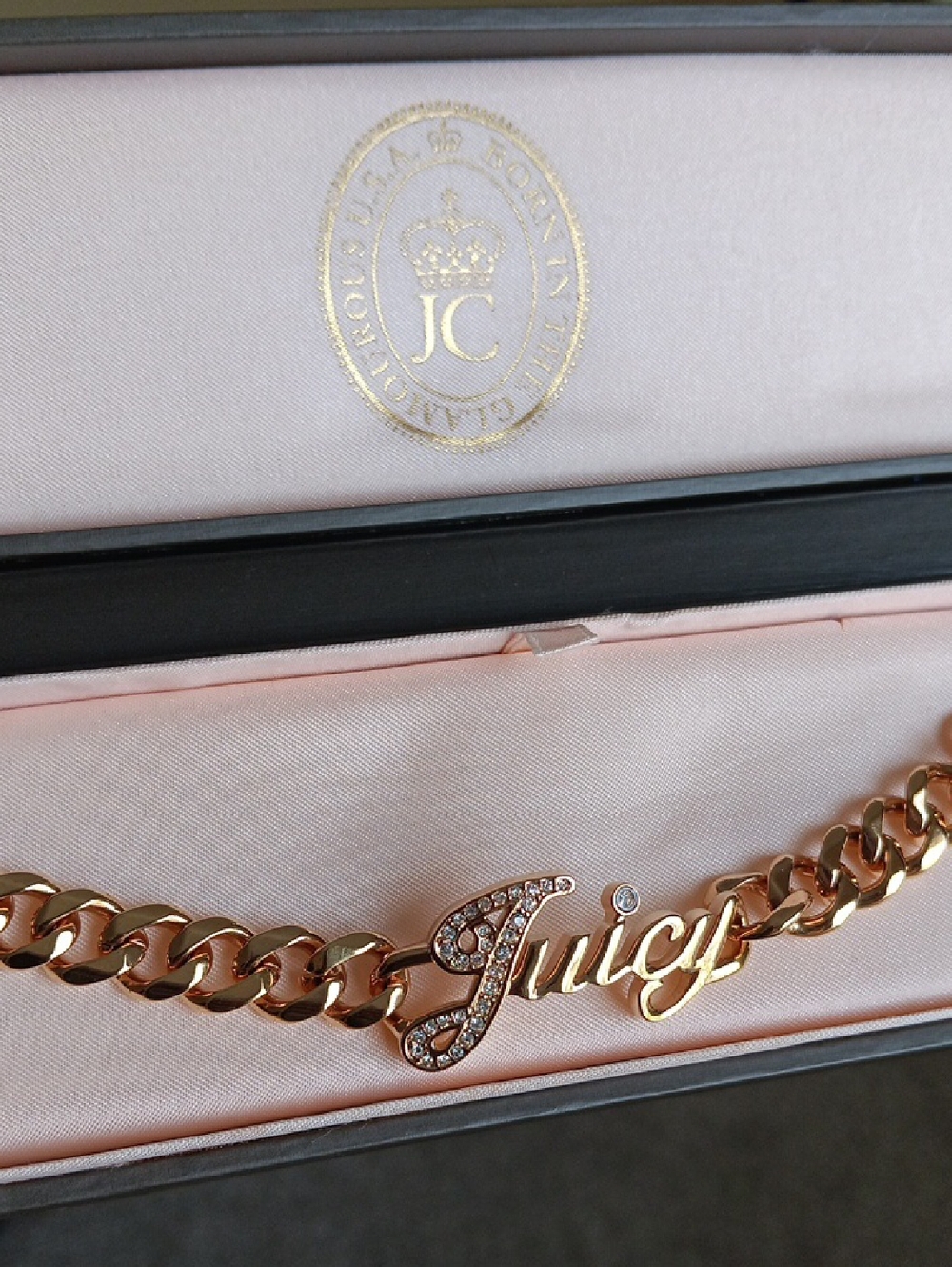 Juicy Couture Golden Color Script 'Juicy' Nameplate Bracelet with Crystals
